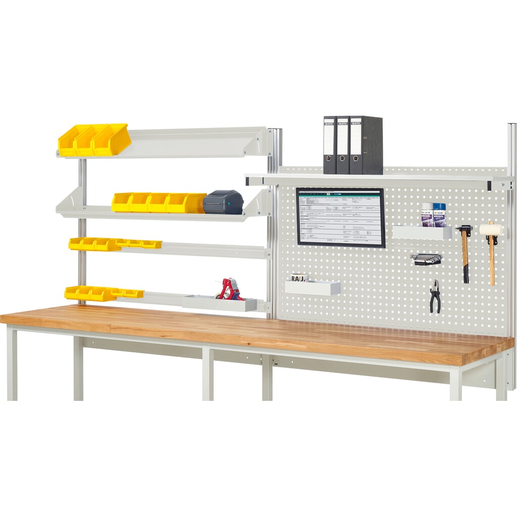 Werkbankopbouw RAU, hxbxd 1.130 x 3.000 x 3.000 mm, met 1 legbord, 2 draagrails, 2 kantelbare metalen legborden en 1 flatscreenhouder, complete set 05 voor productbreedte 3.000 mm Product afbeelding: Werkbankopbouw RAU, hxbxd 1.130 x 3.000 x 3.000 mm, met 1 legbord, 2 draagrails, 2 kantelbare metalen legborden en 1 flatscreenhouder, complete set 05 voor productbreedte 3.000 mm