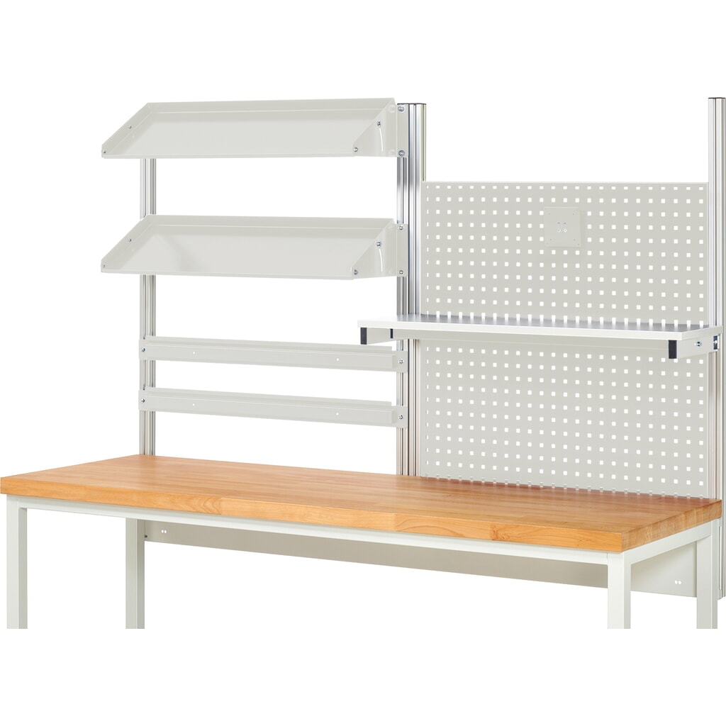 Productafbeelding nr. 2: Werkbankopbouw RAU, hxbxd 1.130 x 2.000 x 350 mm, met 1 legbord, 2 draagrails, 2 kantelbare metalen legborden en 1 flatscreenhouder, complete set 05 voor productbreedte 2.000 mm