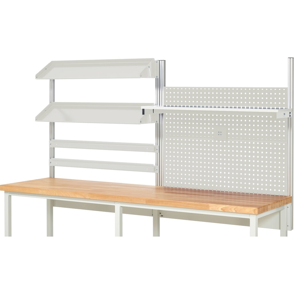 Werkbankopbouw RAU, hxbxd 1.130 x 2.500 x 350 mm, met 1 legbord, 2 draagrails, 2 kantelbare metalen legborden en 1 flatscreenhouder, complete set 05 voor productbreedte 2.500 mm Productafbeelding nr. 2: Werkbankopbouw RAU, hxbxd 1.130 x 2.500 x 350 mm, met 1 legbord, 2 draagrails, 2 kantelbare metalen legborden en 1 flatscreenhouder, complete set 05 voor productbreedte 2.500 mm