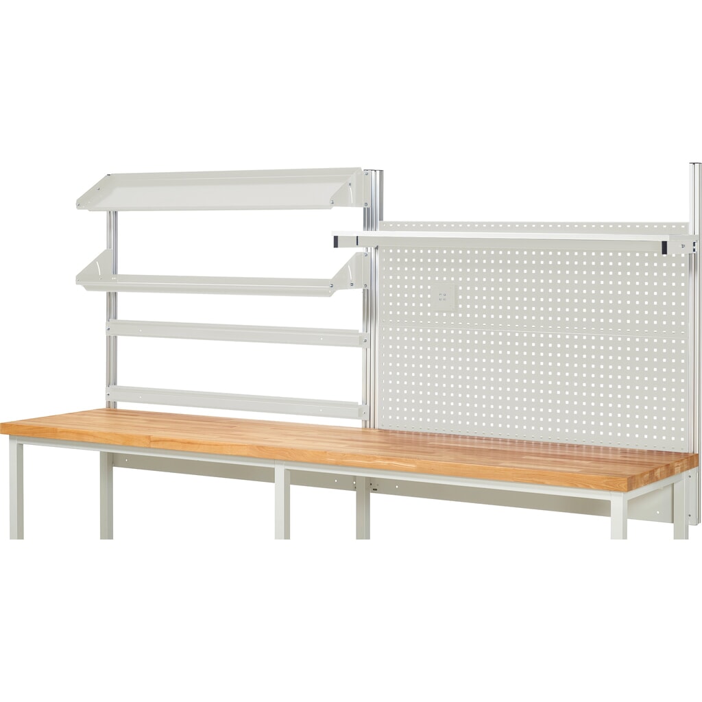 Productafbeelding nr. 2: Werkbankopbouw RAU, hxbxd 1.130 x 3.000 x 3.000 mm, met 1 legbord, 2 draagrails, 2 kantelbare metalen legborden en 1 flatscreenhouder, complete set 05 voor productbreedte 3.000 mm