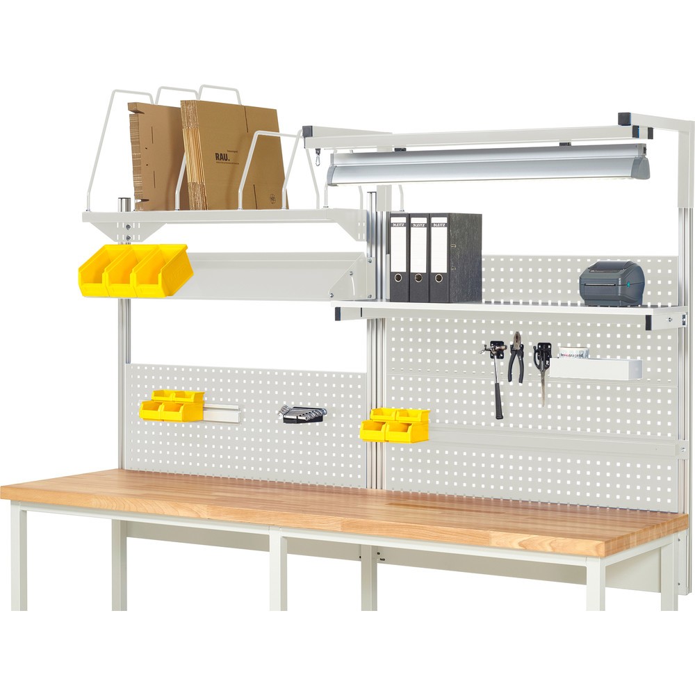 Product afbeelding: RAU systeemopbouw, h x b x d 1.380 x 2.500 x 2.500 mm, met 1 legbord, 1 draagrail, 1 kantelbare metalen legbord, 1 flatscreenhouder en 1 lamp, complete set 06 voor productbreedte 2.500 mm