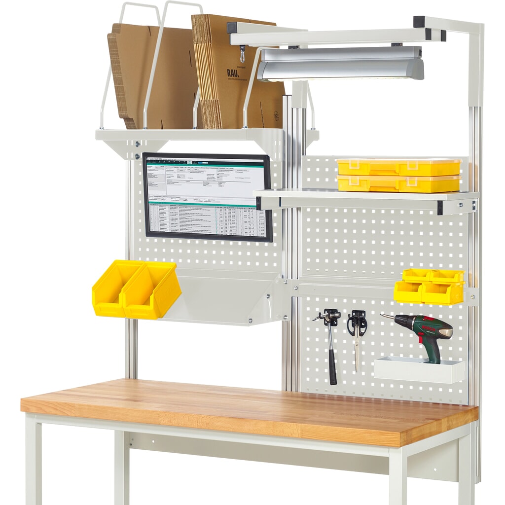 Werkbankopbouw RAU, hxbxd 1.380 x 1.500 x 1.500 mm, met 1 legbord, 1 draagrail, 1 kantelbaar metalen legbord, 1 flatscreenhouder en 1 lamp, complete set 06 voor productbreedte 1.500 mm Product afbeelding: Werkbankopbouw RAU, hxbxd 1.380 x 1.500 x 1.500 mm, met 1 legbord, 1 draagrail, 1 kantelbaar metalen legbord, 1 flatscreenhouder en 1 lamp, complete set 06 voor productbreedte 1.500 mm