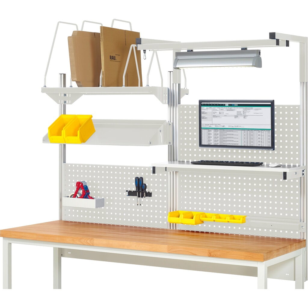 Werkbankopbouw RAU, hxbxd 1.380 x 2.000 x 2.000 mm, met 1 legbord, 1 draagrail, 1 kantelbaar metalen legbord, 1 flatscreenhouder en 1 lamp, complete set 06 voor productbreedte 2.000 mm Product afbeelding: Werkbankopbouw RAU, hxbxd 1.380 x 2.000 x 2.000 mm, met 1 legbord, 1 draagrail, 1 kantelbaar metalen legbord, 1 flatscreenhouder en 1 lamp, complete set 06 voor productbreedte 2.000 mm