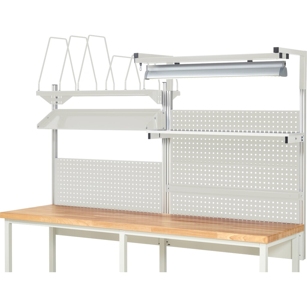 Werkbankopbouw RAU, hxbxd 1.380 x 2.500 x 2.500 mm, met 1 legbord, 1 draagrail, 1 kantelbaar metalen legbord, 1 flatscreenhouder en 1 lamp, complete set 06 voor productbreedte 2.500 mm Productafbeelding nr. 2: Werkbankopbouw RAU, hxbxd 1.380 x 2.500 x 2.500 mm, met 1 legbord, 1 draagrail, 1 kantelbaar metalen legbord, 1 flatscreenhouder en 1 lamp, complete set 06 voor productbreedte 2.500 mm