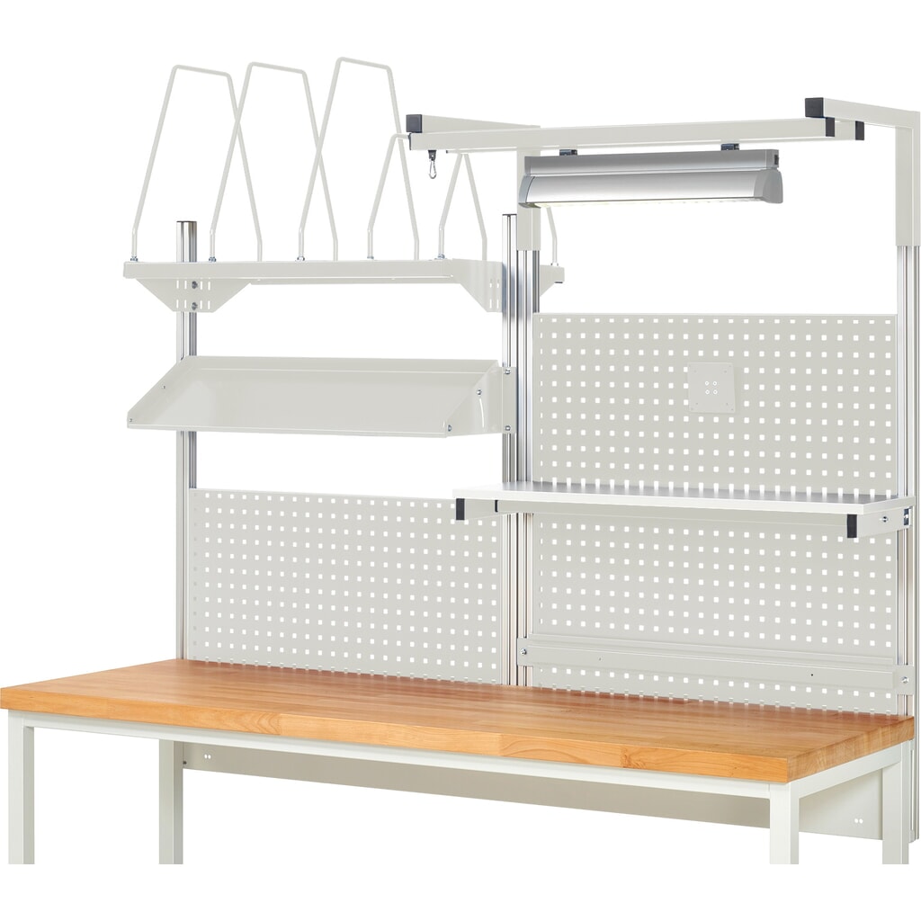 Productafbeelding nr. 2: Werkbankopbouw RAU, hxbxd 1.380 x 2.000 x 2.000 mm, met 1 legbord, 1 draagrail, 1 kantelbaar metalen legbord, 1 flatscreenhouder en 1 lamp, complete set 06 voor productbreedte 2.000 mm