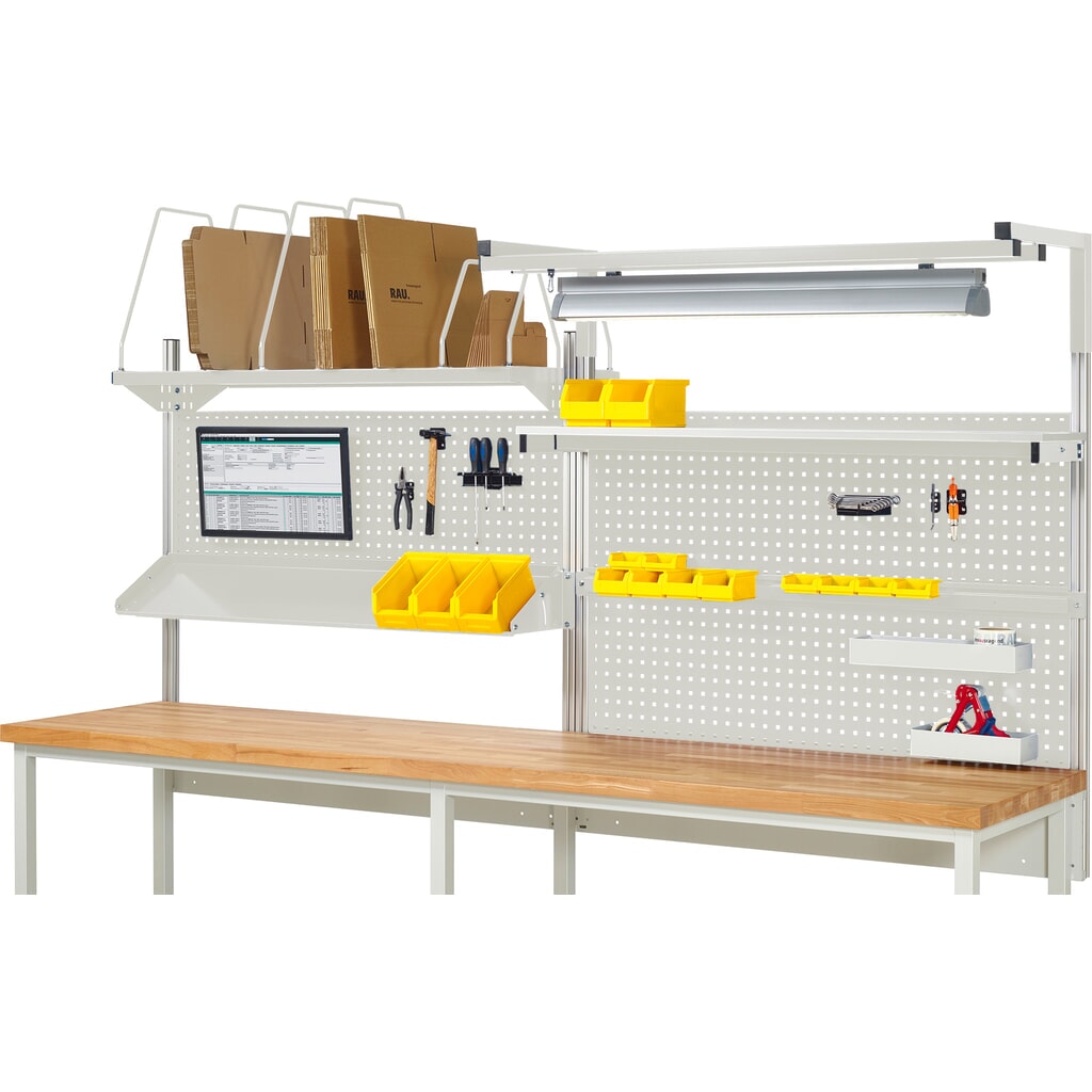Werkbankopbouw RAU, hxbxd 1.380 x 3.000 x 3.000 mm, met 1 legbord, 1 draagrail, 1 kantelbaar metalen legbord, 1 flatscreenhouder en 1 lamp, complete set 06 voor productbreedte 3.000 mm Product afbeelding: Werkbankopbouw RAU, hxbxd 1.380 x 3.000 x 3.000 mm, met 1 legbord, 1 draagrail, 1 kantelbaar metalen legbord, 1 flatscreenhouder en 1 lamp, complete set 06 voor productbreedte 3.000 mm