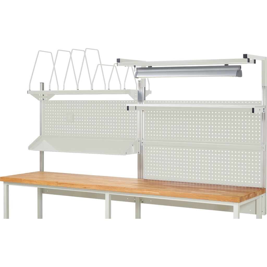 Werkbankopbouw RAU, hxbxd 1.380 x 3.000 x 3.000 mm, met 1 legbord, 1 draagrail, 1 kantelbaar metalen legbord, 1 flatscreenhouder en 1 lamp, complete set 06 voor productbreedte 3.000 mm Productafbeelding nr. 2: Werkbankopbouw RAU, hxbxd 1.380 x 3.000 x 3.000 mm, met 1 legbord, 1 draagrail, 1 kantelbaar metalen legbord, 1 flatscreenhouder en 1 lamp, complete set 06 voor productbreedte 3.000 mm