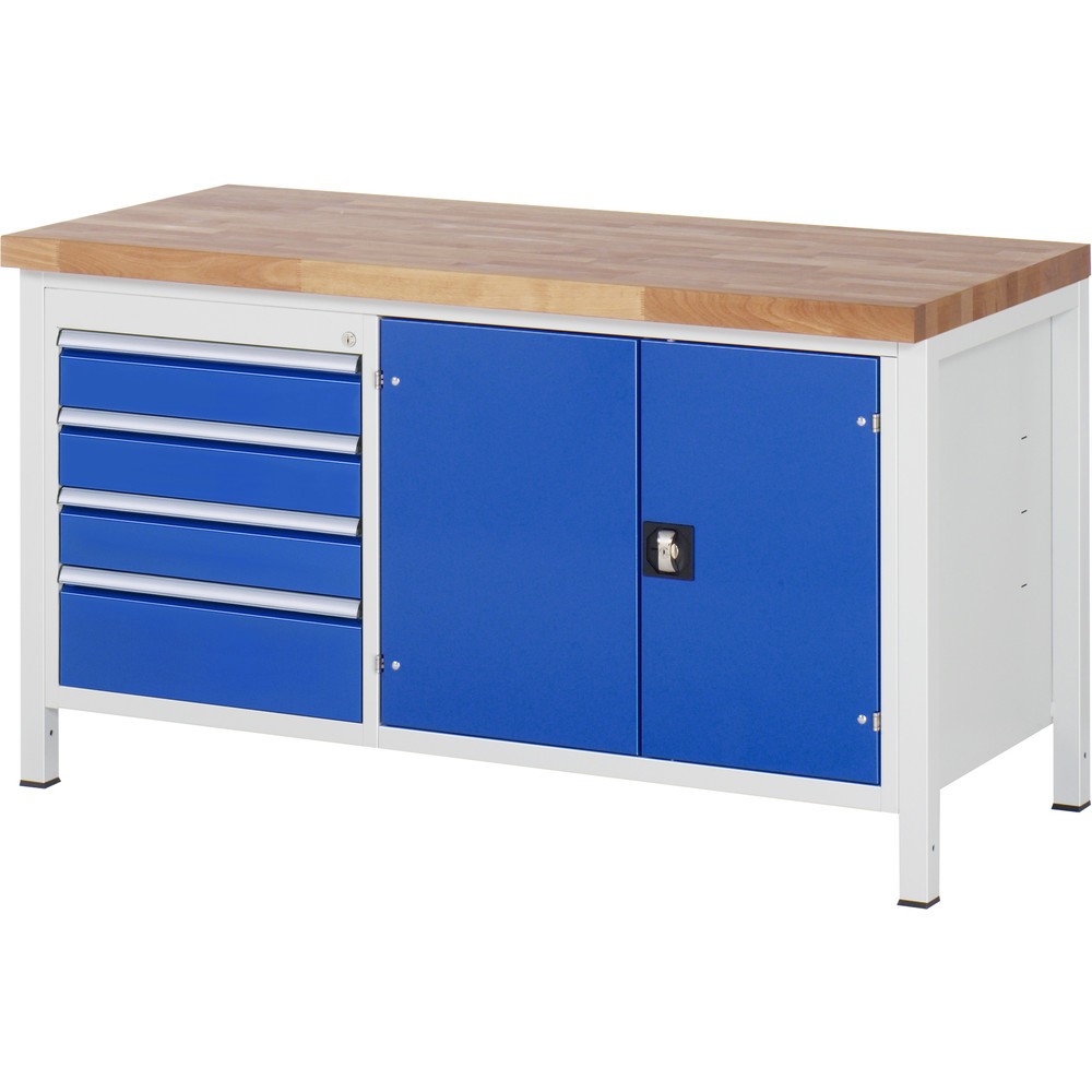 Product afbeelding: RAU werkbank serie 8000, h x b x d 840-1.040 x 1.500 x 700 mm, 1 dubbele onderbouwkast, met 4 lades en 1 gereedschapsvak