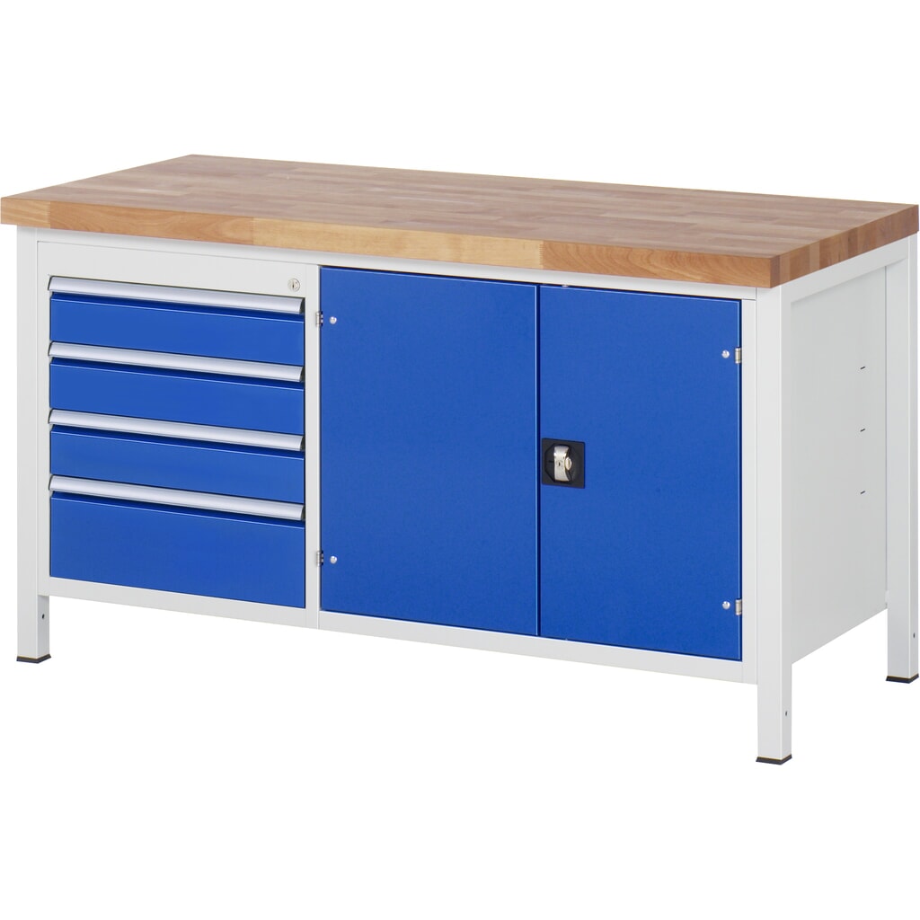 Product afbeelding: Werkbank RAU serie 8000, 1 dubbele kast, 1 legbord, 1 draaideur, hxbxd 840 x 1.500 x 700 mm, 4 x voor 90% uittrekbare lades 3 x 120, 1 x 180 mm