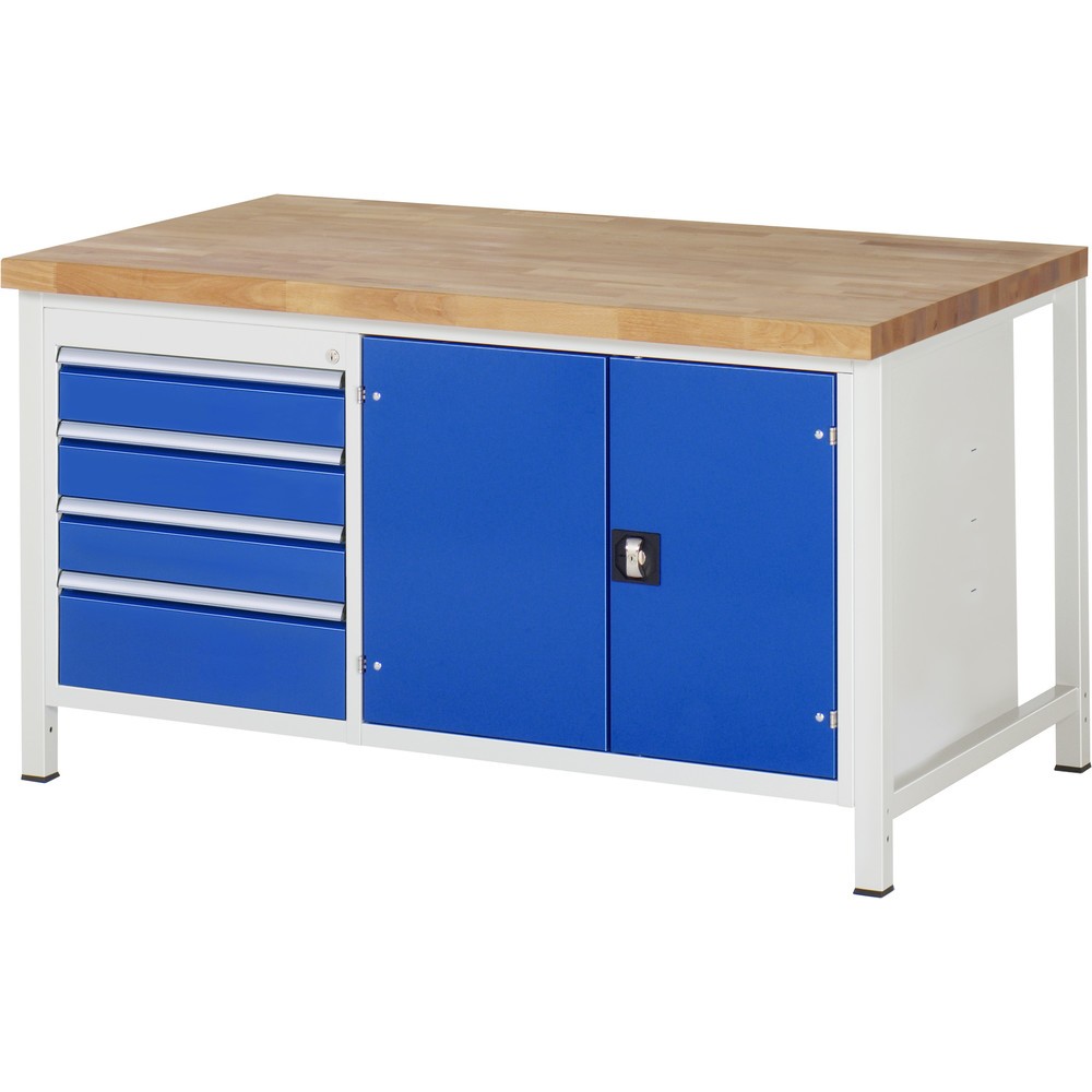 Product afbeelding: RAU werkbank serie 8000, h x b x d 840-1.040 x 1.500 x 900 mm, 1 dubbele onderbouwkast, met 4 lades en 1 gereedschapsvak