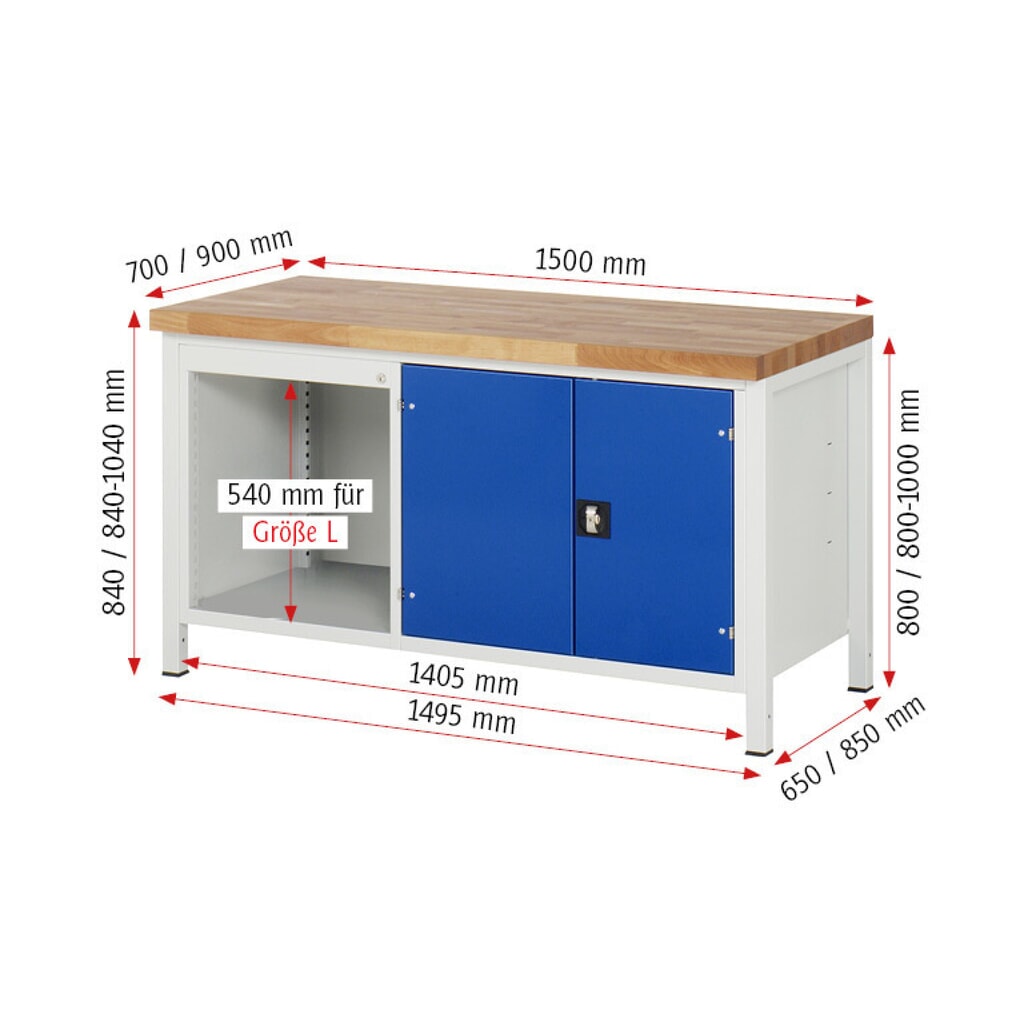 Productafbeelding nr. 8: Werkbank RAU serie 8000, 1 dubbele kast, 1 legbord, 1 dubbele draaideur, hxbxd 840-1.040 x 1.500 x 700 mm, 3 x voor 90% uittrekbare lades