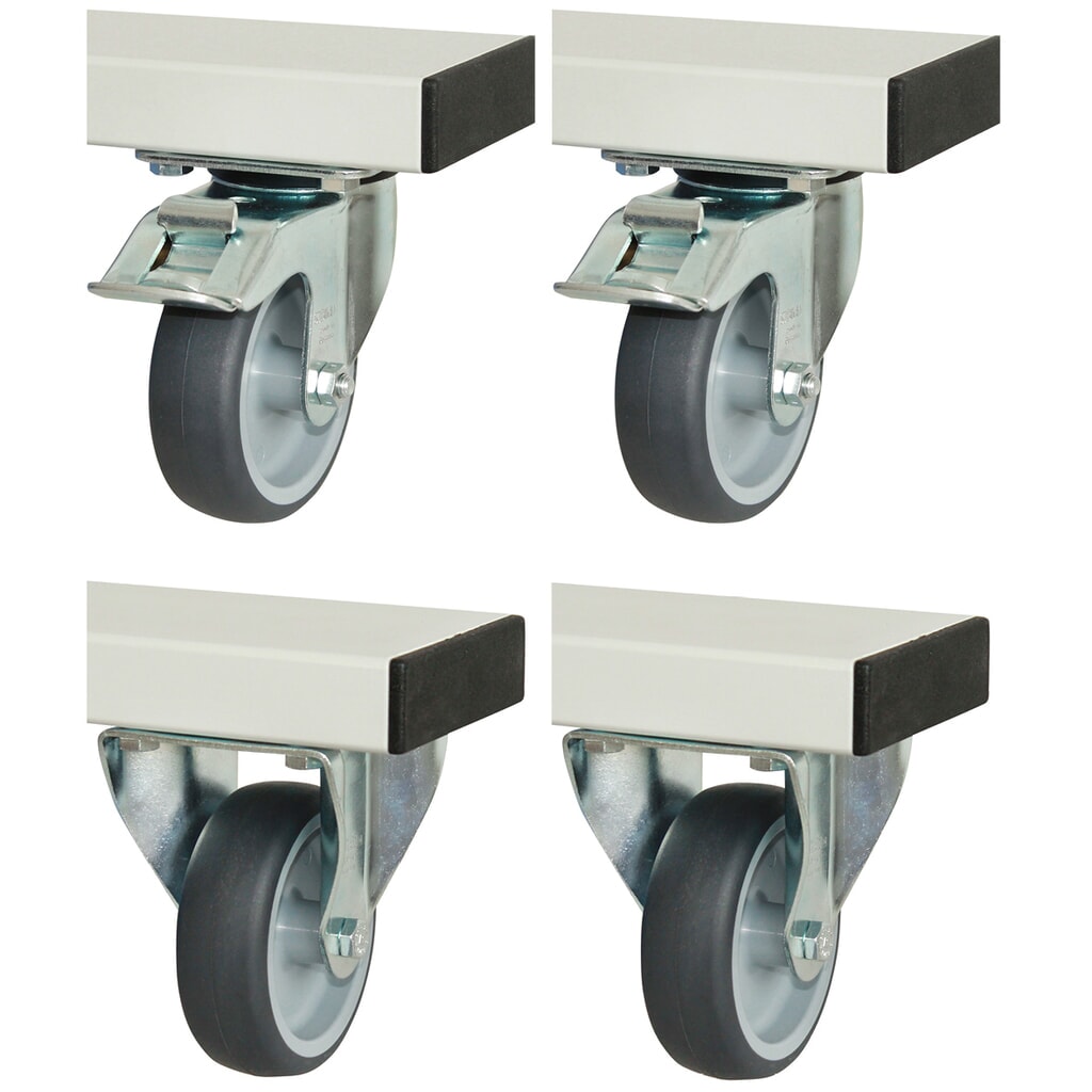 RAU wielset voor werkbank serie adlatus 300/600, h x b x d 125 x 100 x 30 mm, 2 bok- en 2 zwenkwielen met parkeerremmen Product afbeelding: RAU wielset voor werkbank serie adlatus 300/600, h x b x d 125 x 100 x 30 mm, 2 bok- en 2 zwenkwielen met parkeerremmen