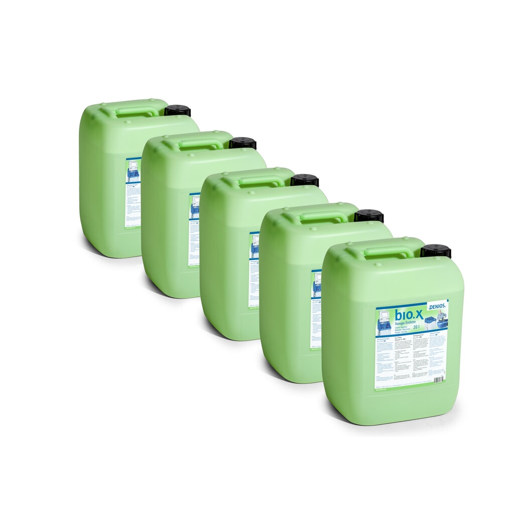 Reinigingsmiddel bio.x, set voor eerste vulling, 5x 20 liter-jerrycan Product afbeelding: Reinigingsmiddel bio.x, set voor eerste vulling, 5x 20 liter-jerrycan