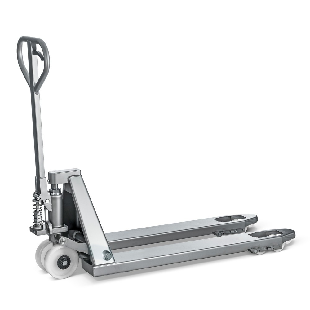 Product afbeelding: Roestvrijstalen palletwagen INOX, VL 1.130 mm, nylon, tandemwielen