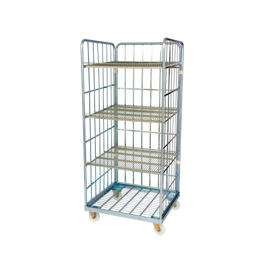 Rolcontainer, 3-zijdig, 3 tussenplanken, stalen laadbord, hxbxd 1.750 x 815 x 724 mm Product afbeelding: Rolcontainer, 3-zijdig, 3 tussenplanken, stalen laadbord, hxbxd 1.750 x 815 x 724 mm