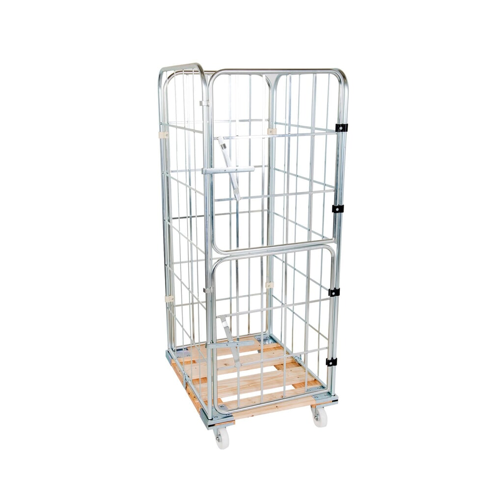 Rolcontainer, 4-zijdig, gedeelde voorwand, houten bodemplaat, hxbxd 1.850 x 724 x 815 mm Product afbeelding: Rolcontainer, 4-zijdig, gedeelde voorwand, houten bodemplaat, hxbxd 1.850 x 724 x 815 mm
