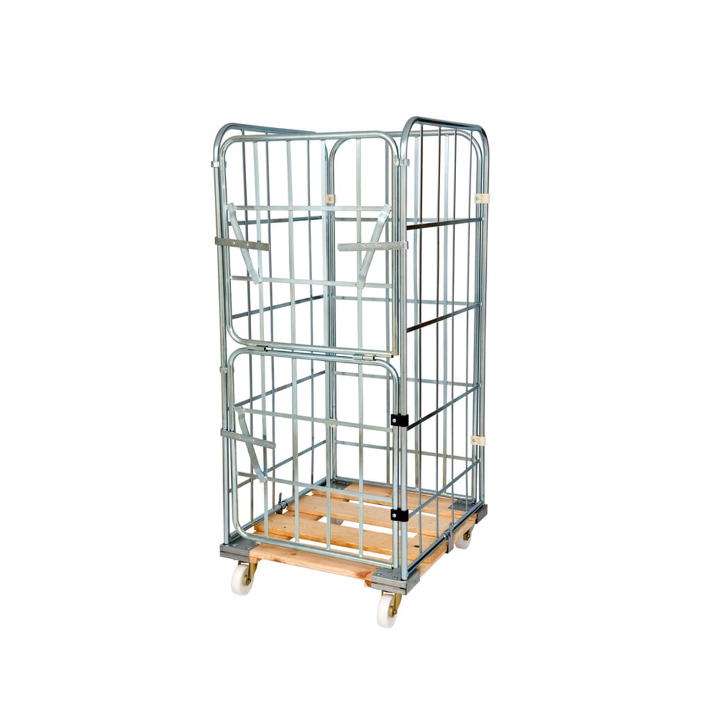 Rolcontainer, 4-zijdig, half neerklapbare voorwand, houten laadbord, hxbxd 1.650 x 720 x 810 mm Product afbeelding: Rolcontainer, 4-zijdig, half neerklapbare voorwand, houten laadbord, hxbxd 1.650 x 720 x 810 mm