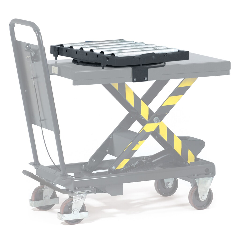 Rollenbaan voor verrijdbare schaarheftafel fetra® met doorschuifbeveiliging, draaibaar Product afbeelding: Rollenbaan voor verrijdbare schaarheftafel fetra® met doorschuifbeveiliging, draaibaar