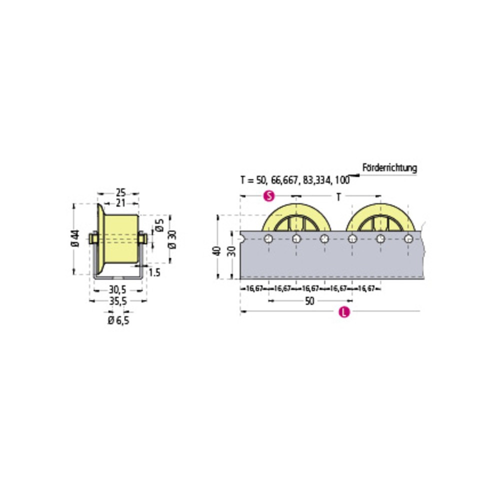 Productafbeelding nr. 2: Rollenlijsten U-profiel, SF-spoorkrans, verdeling 100 mm, cap. per rol 12 kg