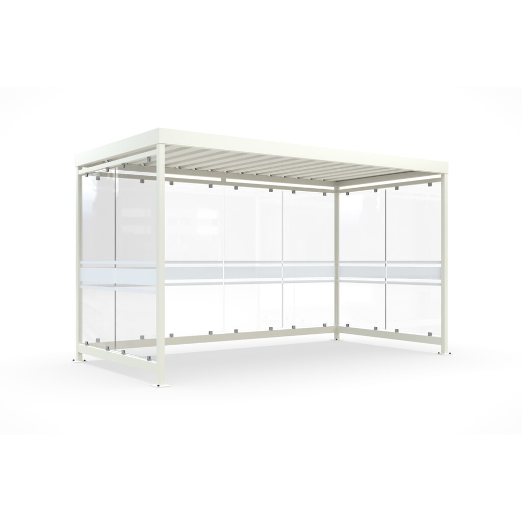 Rookoverkapping wsm®, kant-en-klaar gemonteerd, voor 9-10 personen, 8 elementen, RAL 9002 grijswit - met glasdekor Product afbeelding: Rookoverkapping wsm®, kant-en-klaar gemonteerd, voor 9-10 personen, 8 elementen, RAL 9002 grijswit - met glasdekor