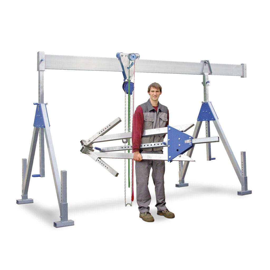 SCHILLING aluminium portaalkraan met splitsbare traverse, inhaakpunt 1.249-2.349 mm, draagvermogen 500 kg Product afbeelding: SCHILLING aluminium portaalkraan met splitsbare traverse, inhaakpunt 1.249-2.349 mm, draagvermogen 500 kg