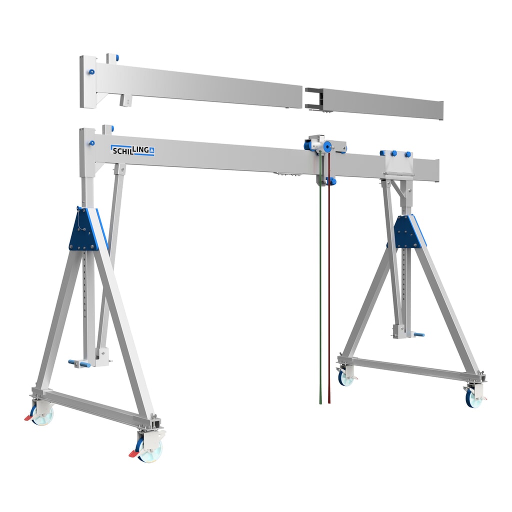SCHILLING aluminium portaalkraan met splitsbare traverse, verrijdbaar, totale hoogte max. 2.560 mm, draagvermogen 500 kg Product afbeelding: SCHILLING aluminium portaalkraan met splitsbare traverse, verrijdbaar, totale hoogte max. 2.560 mm, draagvermogen 500 kg
