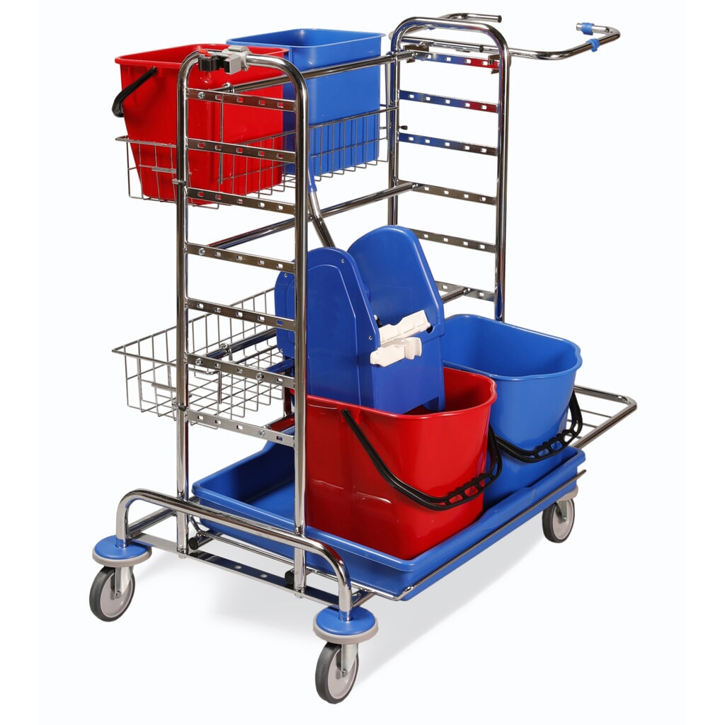Schoonmaakwagen Universal II, verchroomd, 2 x 15 liter met moppers + 2 x 12 liter Product afbeelding: Schoonmaakwagen Universal II, verchroomd, 2 x 15 liter met moppers + 2 x 12 liter
