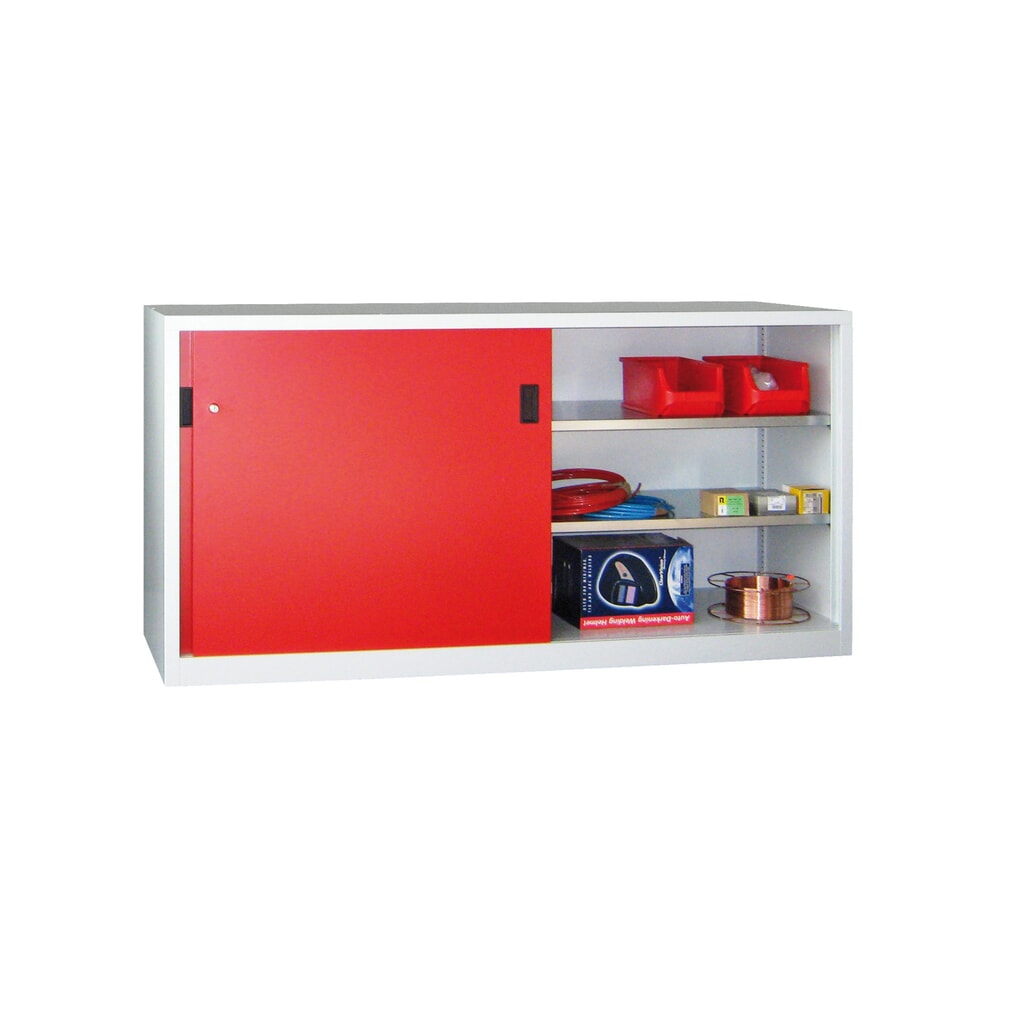 Schuifdeurenkast PAVOY met 2 legborden, hxbxd 1.000 x 1.000 x 600 mm, vuurrood, lichtgrijs Productafbeelding nr. 1: Schuifdeurenkast PAVOY met 2 legborden, hxbxd 1.000 x 1.000 x 600 mm, vuurrood, lichtgrijs