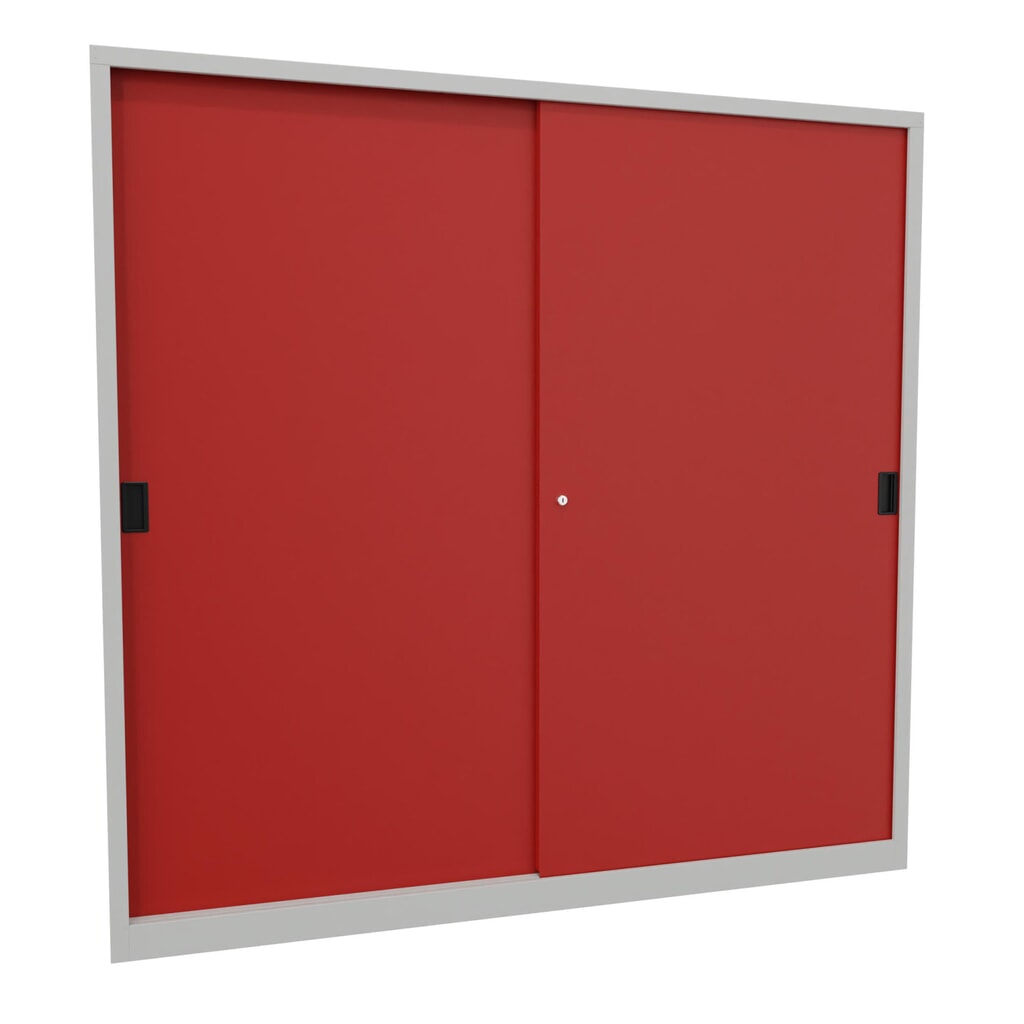Schuifdeurenkast PAVOY met 8 legborden + scheidingswand, hxbxd 1.950 x 2.000 x 600 mm, vuurrood, lichtgrijs Product afbeelding: Schuifdeurenkast PAVOY met 8 legborden + scheidingswand, hxbxd 1.950 x 2.000 x 600 mm, vuurrood, lichtgrijs