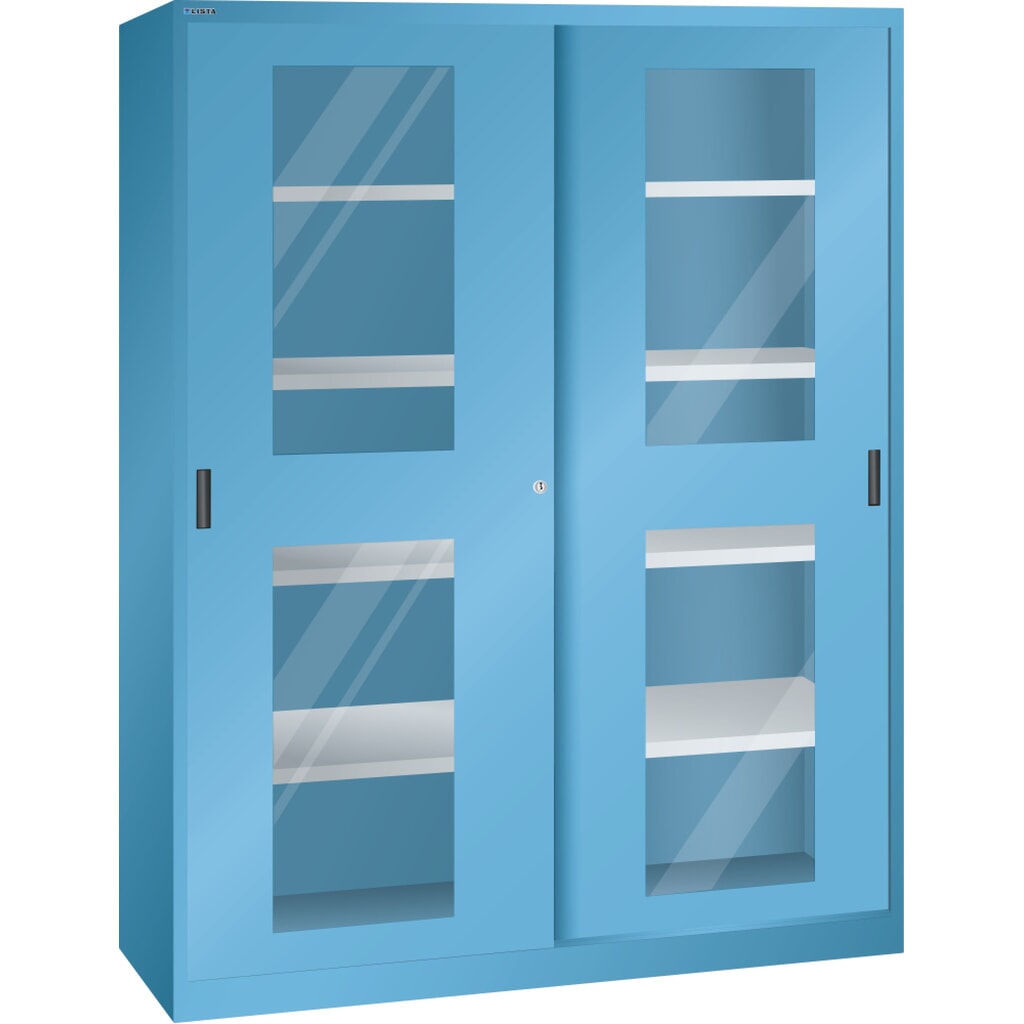 Schuifdeurkast LISTA, (bxdxh) 1500x400x1950 mm, 8 verstelbare legborden, kijkvenster, diepte 400 mm, lichtblauw Product afbeelding: Schuifdeurkast LISTA, (bxdxh) 1500x400x1950 mm, 8 verstelbare legborden, kijkvenster, diepte 400 mm, lichtblauw