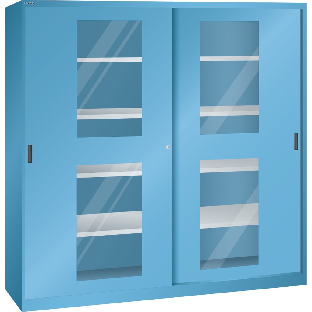 Schuifdeurkast LISTA, (bxdxh) 2000x400x1950 mm, 8 verstelbare legborden, kijkvenster, diepte 400 mm, lichtblauw Product afbeelding: Schuifdeurkast LISTA, (bxdxh) 2000x400x1950 mm, 8 verstelbare legborden, kijkvenster, diepte 400 mm, lichtblauw