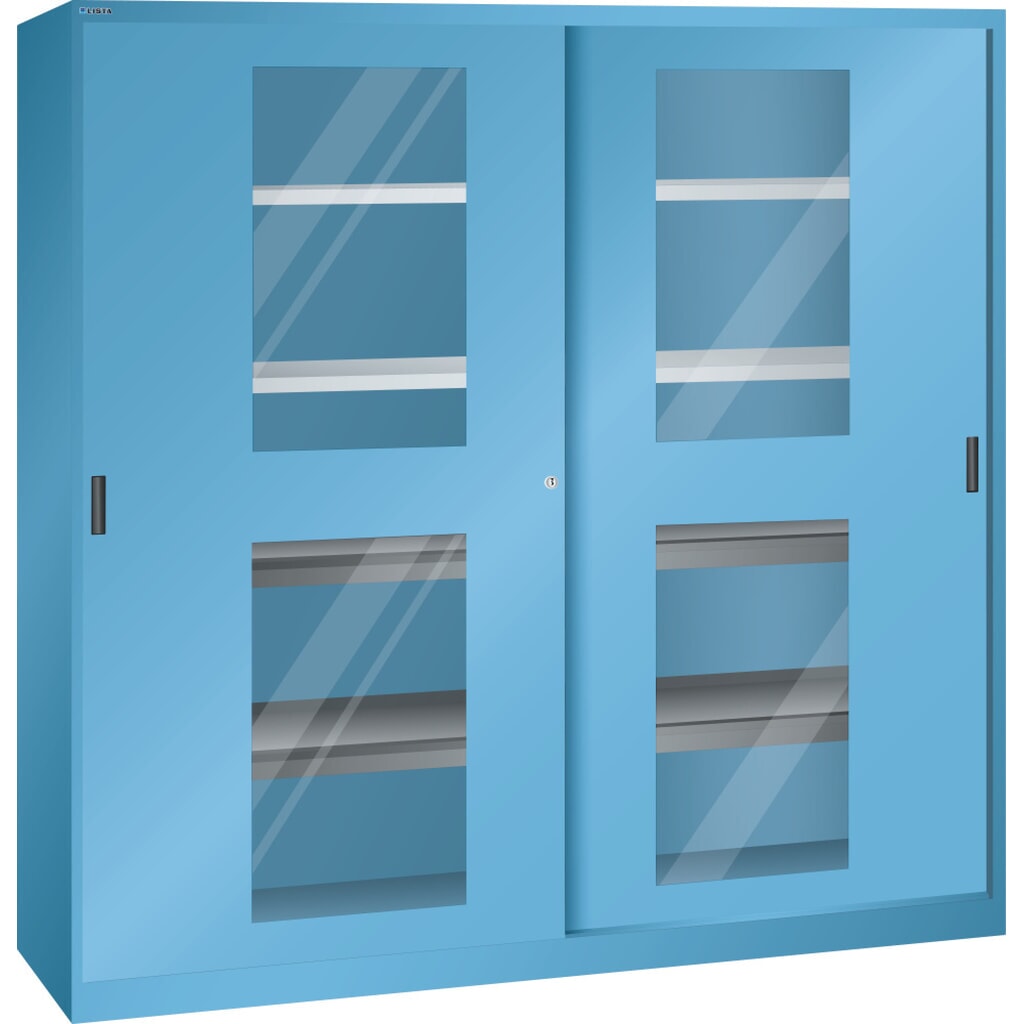 Schuifdeurkast LISTA, (bxdxh) 2000x580x1950 mm, 4 uittrekbare en 4 verstelbare legborden, kijkvenster, lichtblauw Product afbeelding: Schuifdeurkast LISTA, (bxdxh) 2000x580x1950 mm, 4 uittrekbare en 4 verstelbare legborden, kijkvenster, lichtblauw
