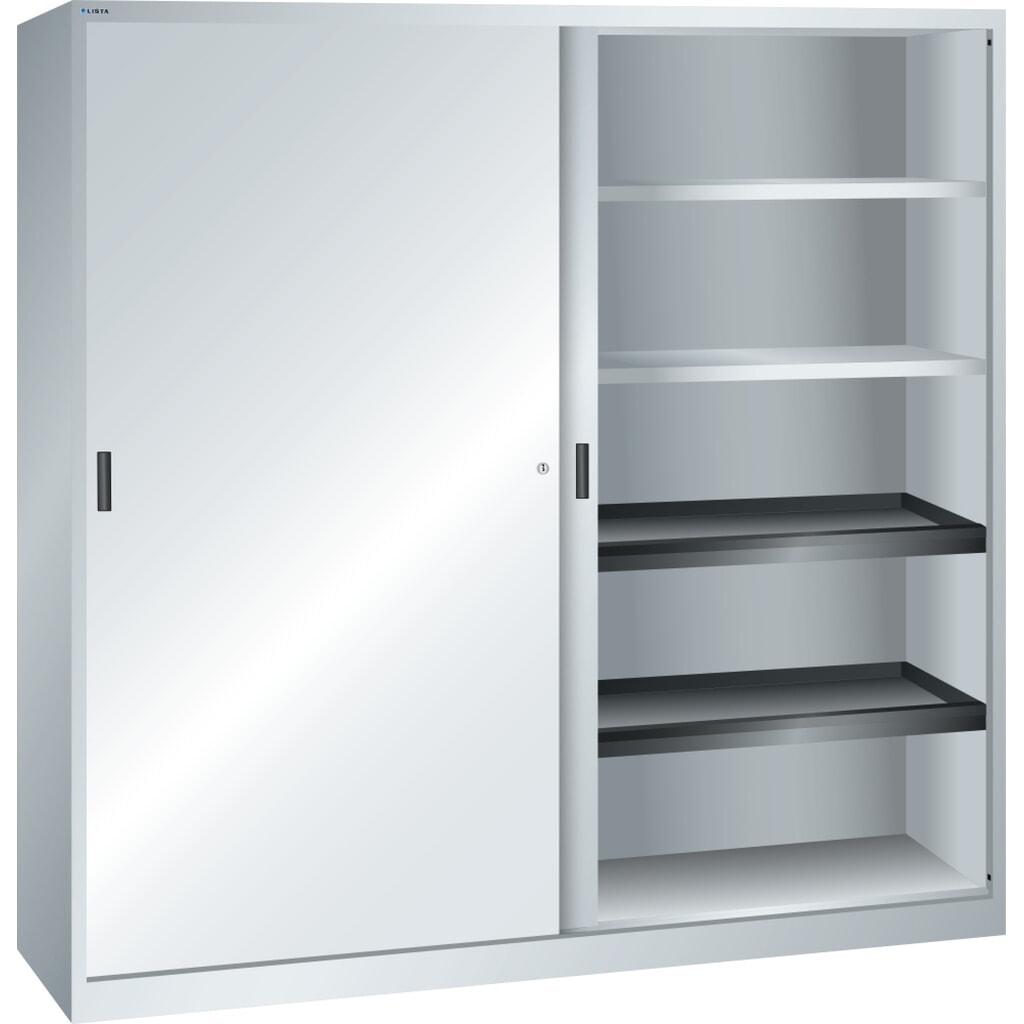 Schuifdeurkast LISTA, (bxdxh) 2000x580x1950 mm, 4 uittrekbare en 4 verstelbare legborden, lichtgrijs Product afbeelding: Schuifdeurkast LISTA, (bxdxh) 2000x580x1950 mm, 4 uittrekbare en 4 verstelbare legborden, lichtgrijs
