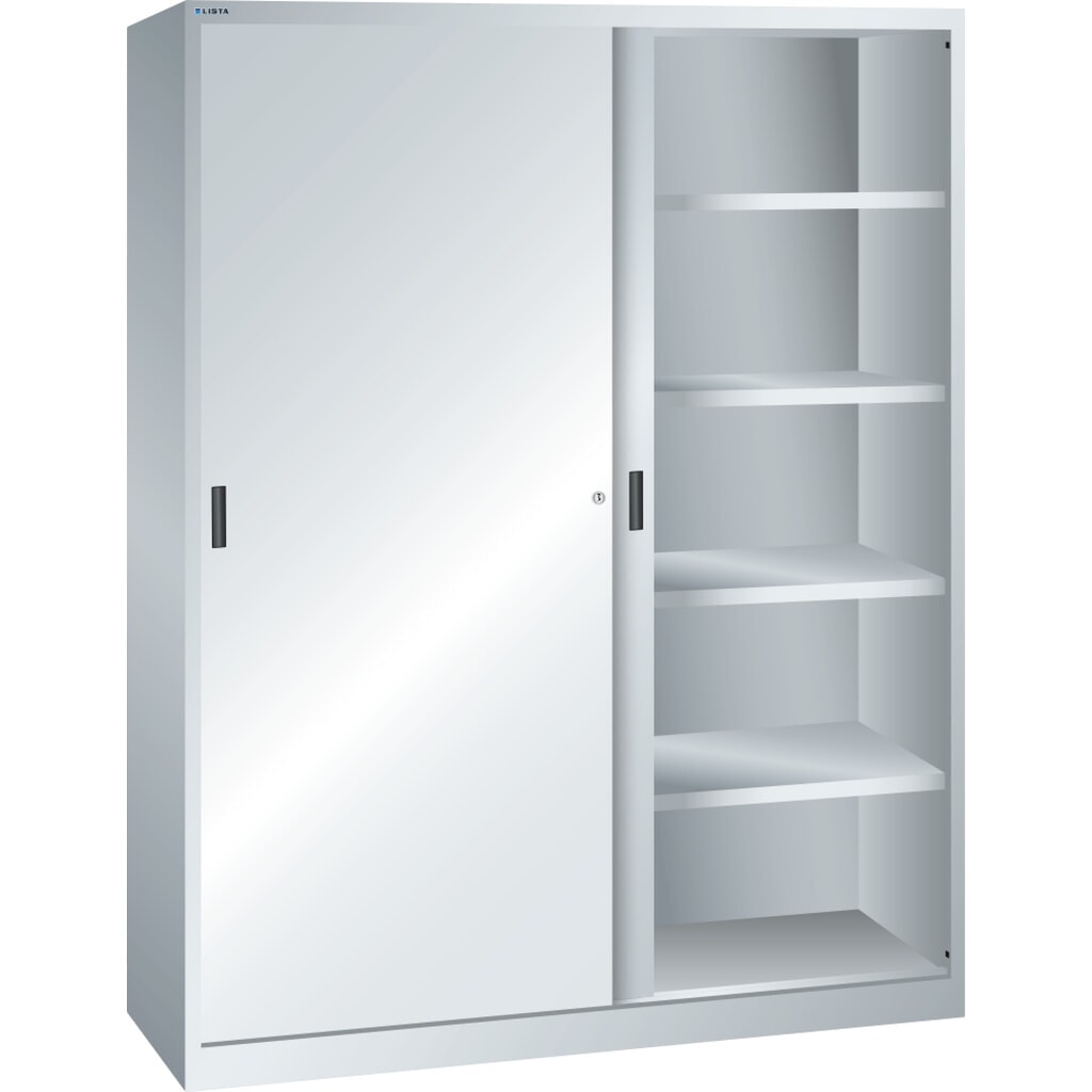 Product afbeelding: Schuifdeurkast LISTA, (bxdxh) 1500x400x1950 mm, 8 verstelbare legborden, lichtgrijs