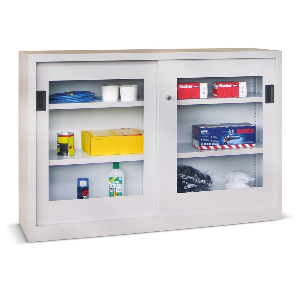 Productafbeelding nr. 1: Schuifdeurkast PAVOY met kijkvensters, 2 legborden, hxbxd 1.000 x 1.000 x 600 mm, gentiaanblauw, lichtgrijs