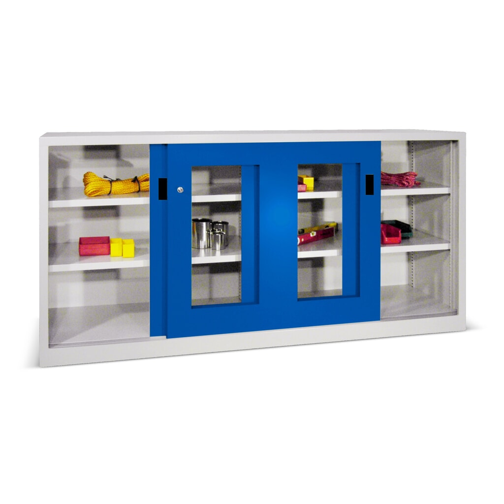 Product afbeelding: Schuifdeurkast PAVOY met kijkvensters, 4 legborden + scheidingswand, hxbxd 1.000 x 1.500 x 400 mm, gentiaanblauw, lichtgrijs