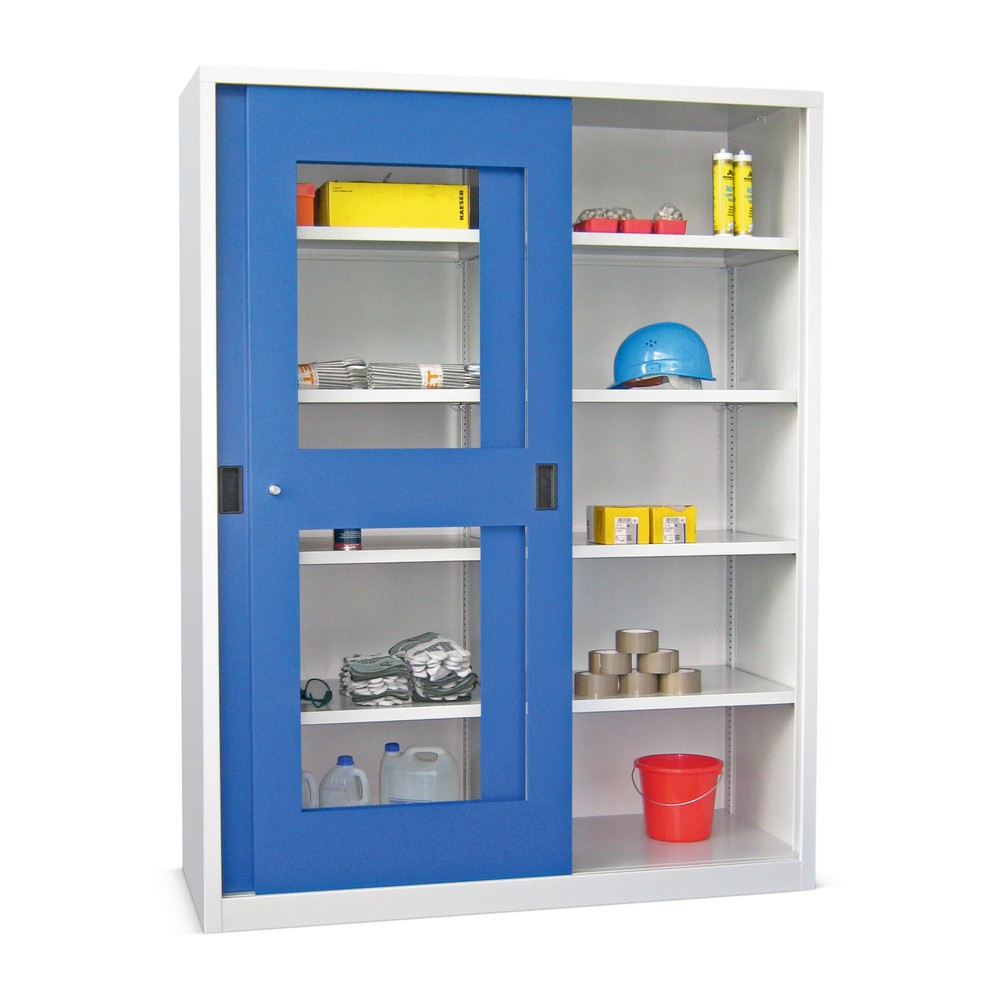 Product afbeelding: Schuifdeurkast PAVOY met kijkvensters, 8 legborden + scheidingswand, hxbxd 1.950 x 1.500 x 400 mm, lichtblauw, lichtgrijs