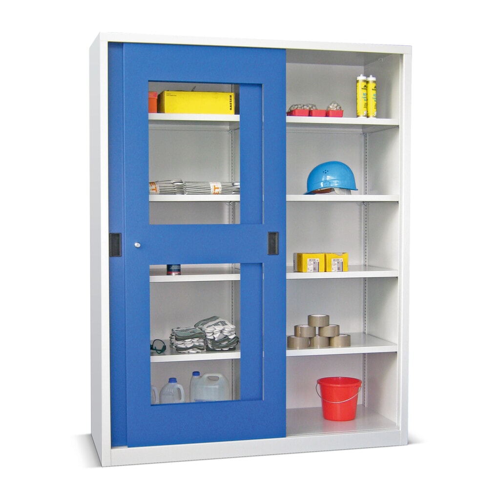 Product afbeelding: Schuifdeurkast PAVOY met kijkvensters, 8 legborden + scheidingswand, hxbxd 1.950 x 1.500 x 400 mm, hemelsblauw, lichtgrijs