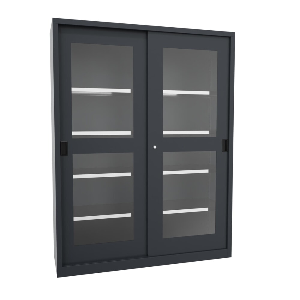 Product afbeelding: Schuifdeurkast PAVOY met kijkvensters, 8 legborden + scheidingswand, hxbxd 1.950 x 1.500 x 500 mm, antracietgrijs, antracietgrijs