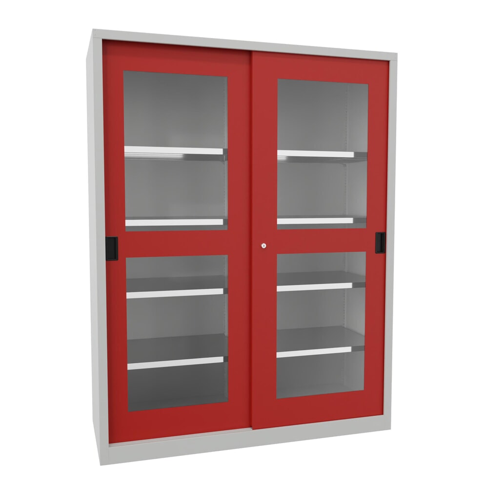 Product afbeelding: Schuifdeurkast PAVOY met kijkvensters, 8 legborden + scheidingswand, hxbxd 1.950 x 1.500 x 600 mm, vuurrood, lichtgrijs