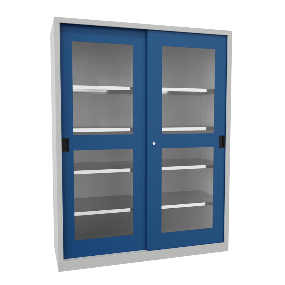 Product afbeelding: Schuifdeurkast PAVOY met kijkvensters, 8 legborden + scheidingswand, hxbxd 1.950 x 1.500 x 600 mm, gentiaanblauw, lichtgrijs