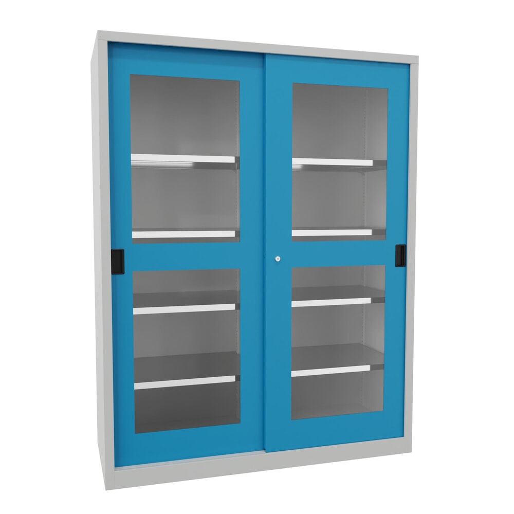 Product afbeelding: Schuifdeurkast PAVOY met kijkvensters, 8 legborden + scheidingswand, hxbxd 1.950 x 1.500 x 600 mm, lichtblauw, lichtgrijs