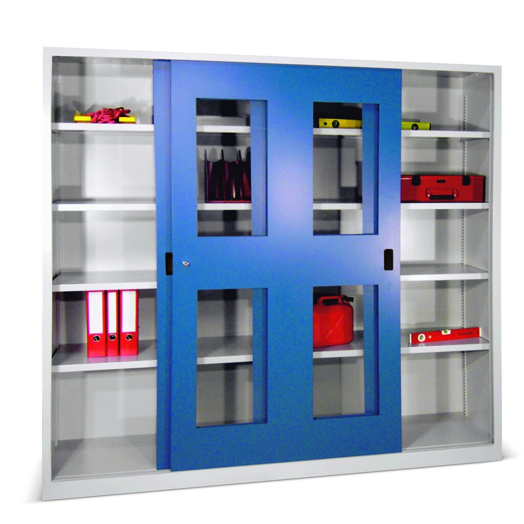 Product afbeelding: Schuifdeurkast PAVOY met kijkvensters, 8 legborden + scheidingswand, hxbxd 1.950 x 2.000 x 600 mm, hemelsblauw, lichtgrijs