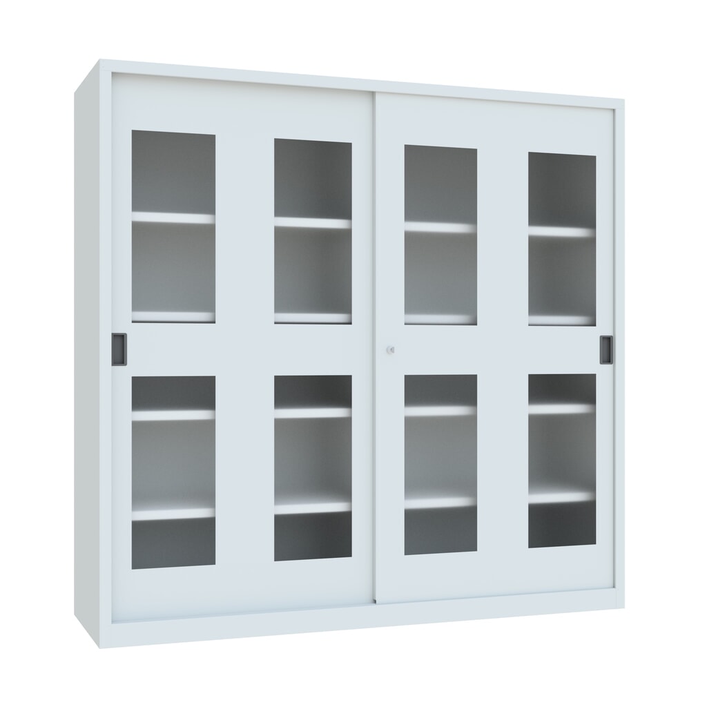 Schuifdeurkast PAVOY met kijkvensters, 8 legborden + scheidingswand, hxbxd 1.950 x 2.000 x 600 mm, lichtgrijs, lichtgrijs Productafbeelding nr. 1: Schuifdeurkast PAVOY met kijkvensters, 8 legborden + scheidingswand, hxbxd 1.950 x 2.000 x 600 mm, lichtgrijs, lichtgrijs