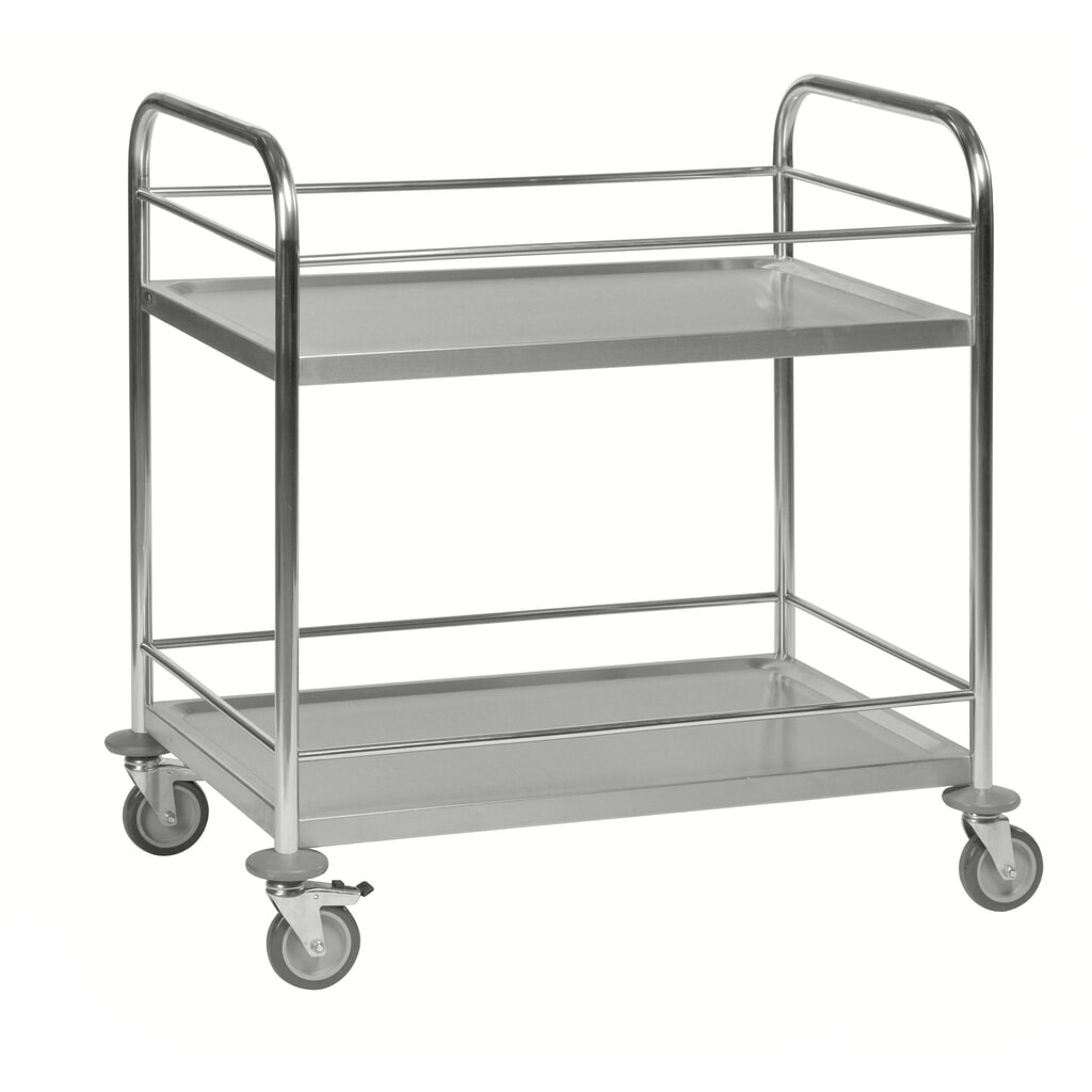 Serveerwagen van roestvrij staal, 2 etages, hxbxd 940 x 590 x 910 mm, beschermstang Product afbeelding: Serveerwagen van roestvrij staal, 2 etages, hxbxd 940 x 590 x 910 mm, beschermstang