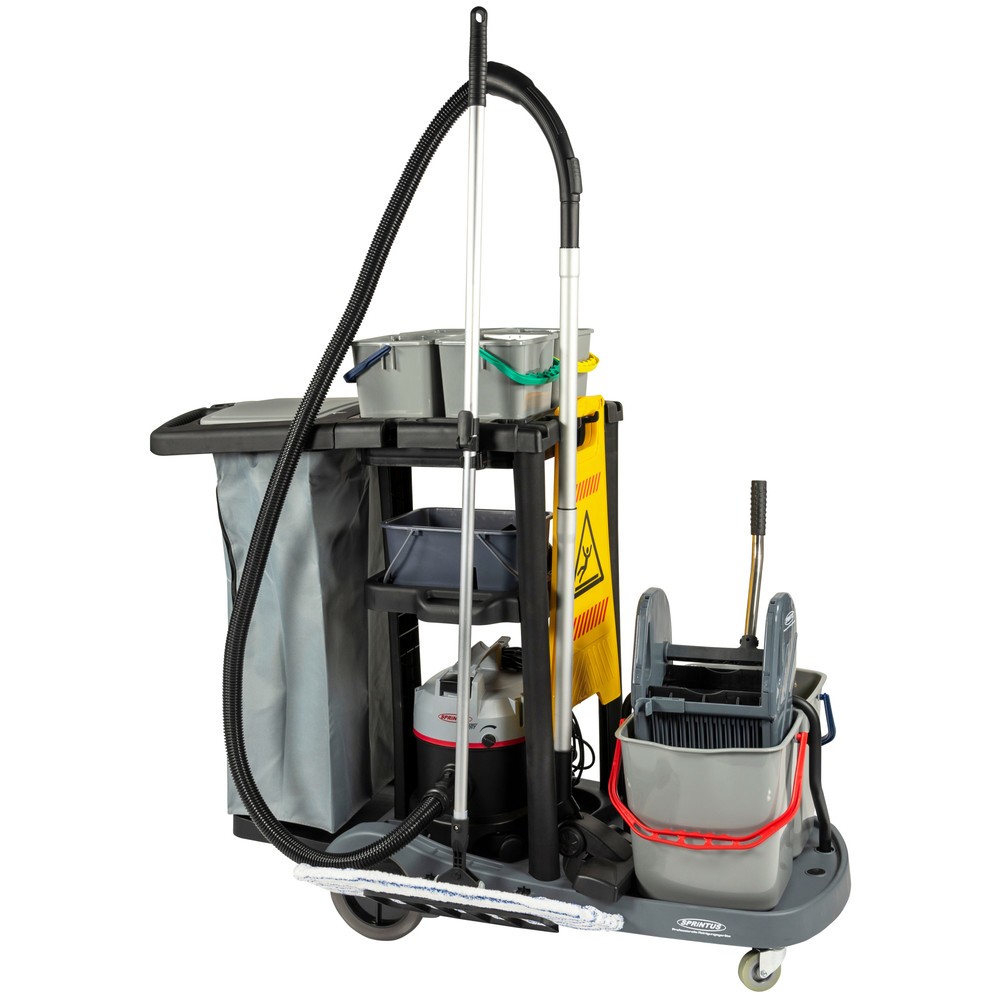 Product afbeelding: Servicewagen set 3, emmer 2x 17 liter + 4x 4 liter, veegmop met Premium-mop 400 mm, waarschuwingsbord