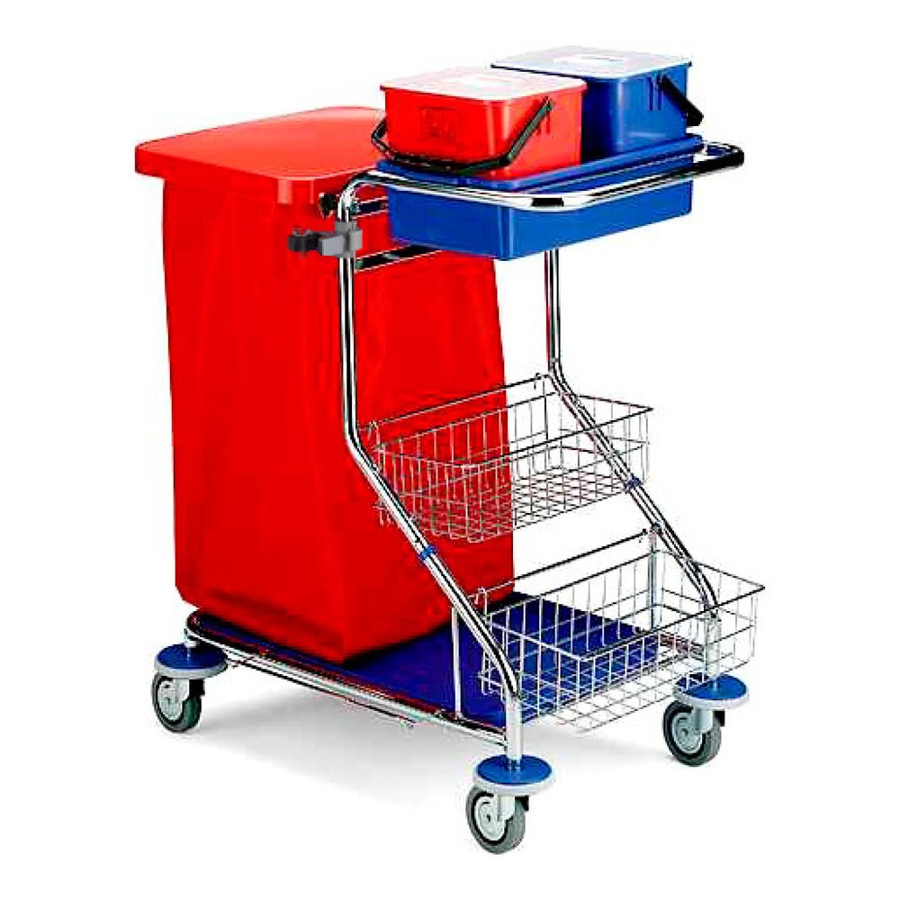 Product afbeelding: Servicewagen Chroom I, 2 x 6 liter, 2 gereedschapskorven, steelhouder, frame voor afvalzak van 120 liter, opvangbak