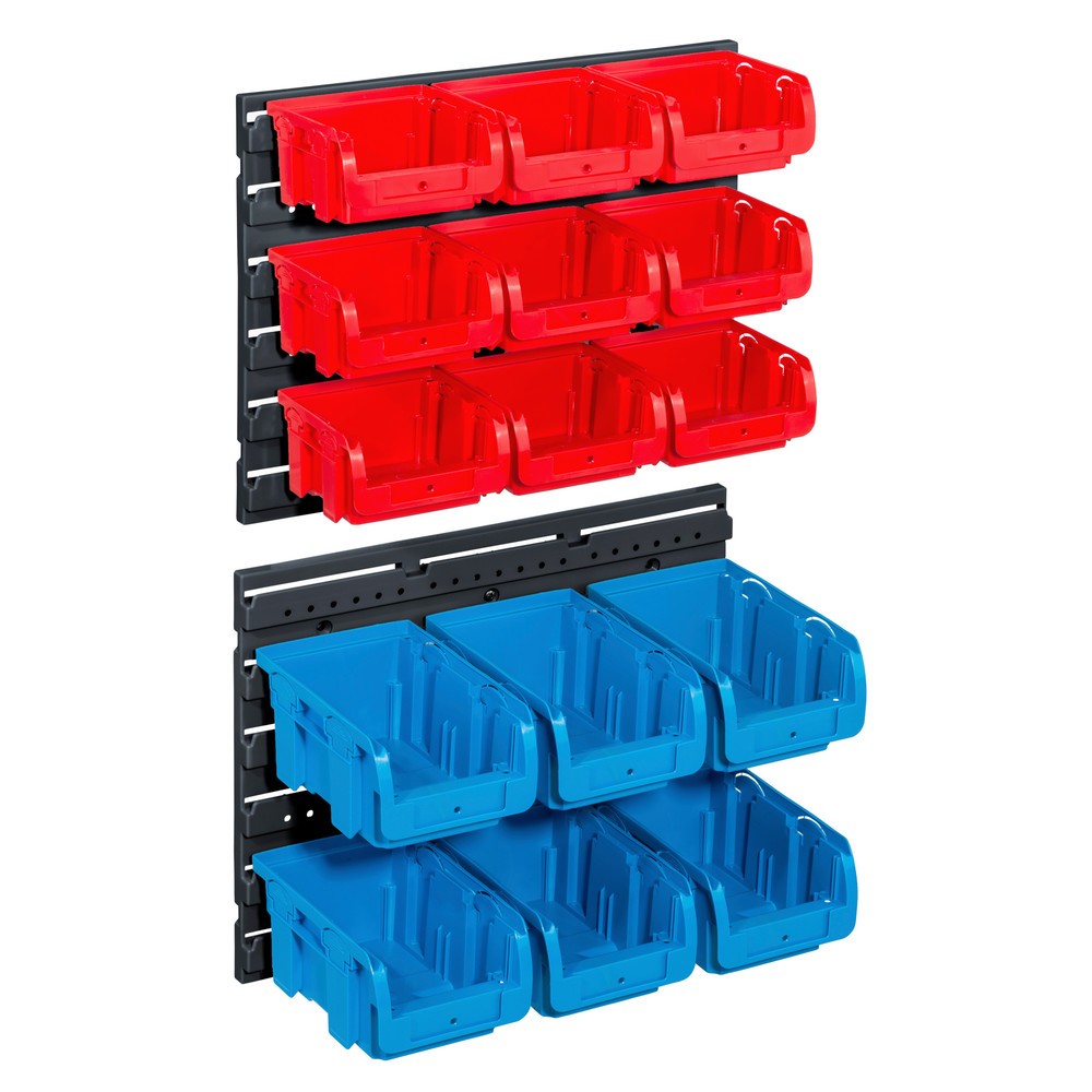 Product afbeelding: Set magazijnbakken met wandmontageplaten, bakken 9x grootte 1, 6x grootte 2