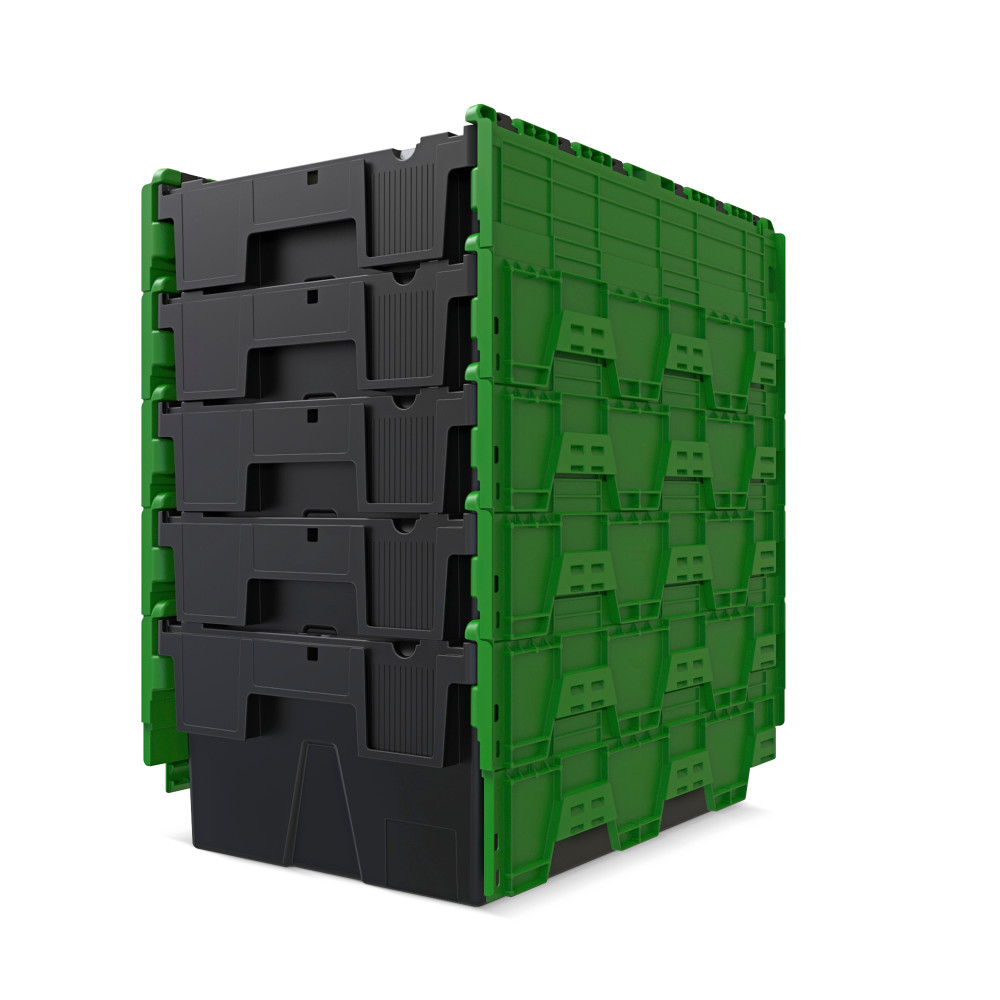 Productafbeelding nr. 8: Herbruikbare stapelbak van PP-regranulaat met klapdeksel, zwart/groen, 40 liter, 1 stuks/VE