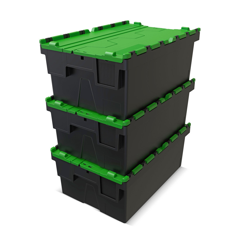 Productafbeelding nr. 9: Herbruikbare stapelbak van PP-regranulaat met klapdeksel, zwart/groen, 40 liter, 1 stuks/VE